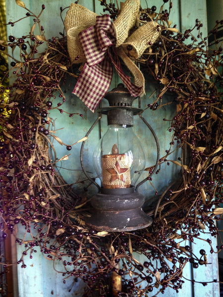 Burgundy Primitive Lantern Wreath, 20"