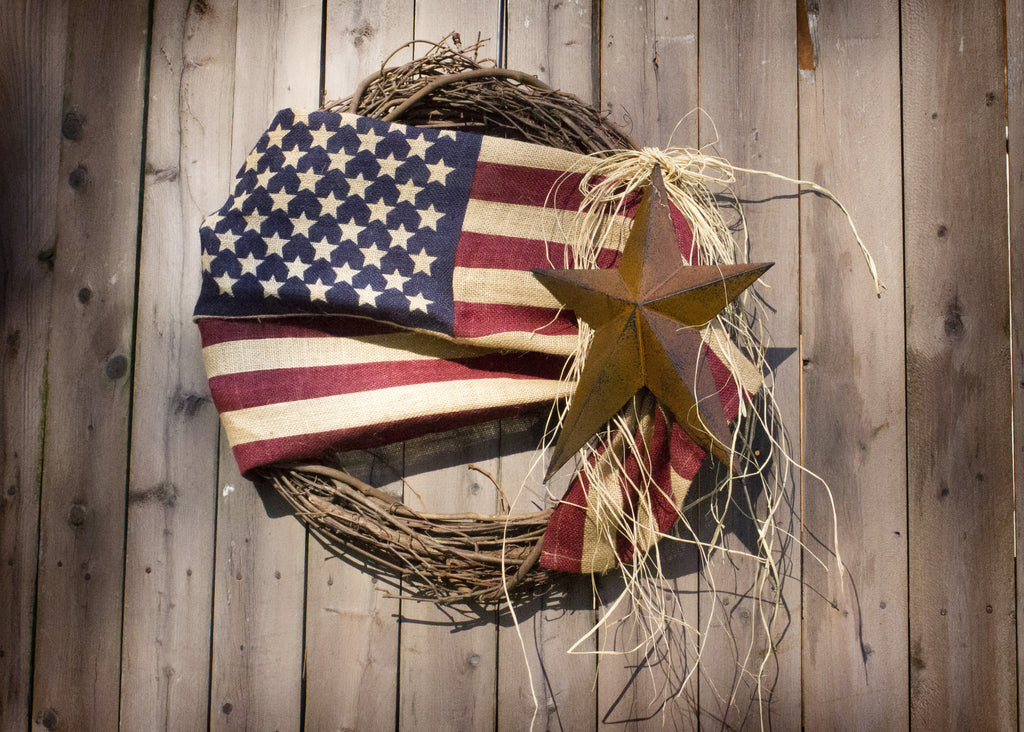 18'' Tea-Stained Burlap American Flag Wreath