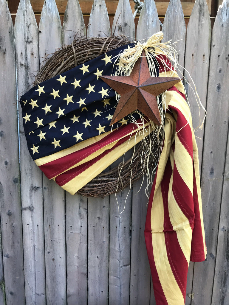 24" Tea-Stained American Flag Wreath with Raffia